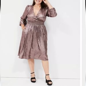 NWT Lane Bryant Blouson-Sleeve Surplice Metallic Midi Dress Women's 22/24 Rose